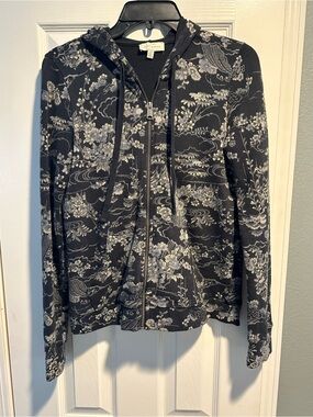 Lucky Brand Floral Full Zip Hoodie Sweatshirt Blue sz Small